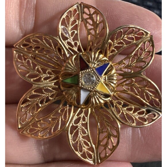 Masonic Eastern Star Enamel Brooch Pin Rhinestone Filigree Gold Tone Vintage - Picture 3 of 3